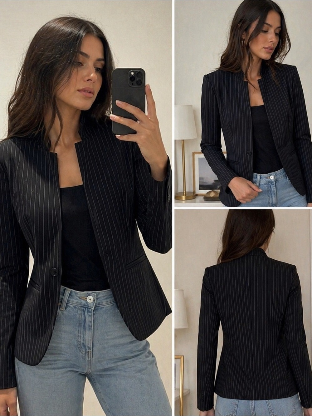 Worthington Black Pinstripe Notchless Single-Button Blazer
